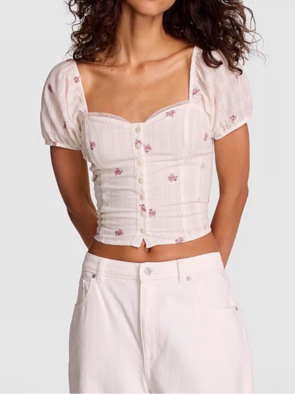 PINK Victoria's Secret Pink Floral Puff-Sleeve Crop Top Medium NWT Cottagecore